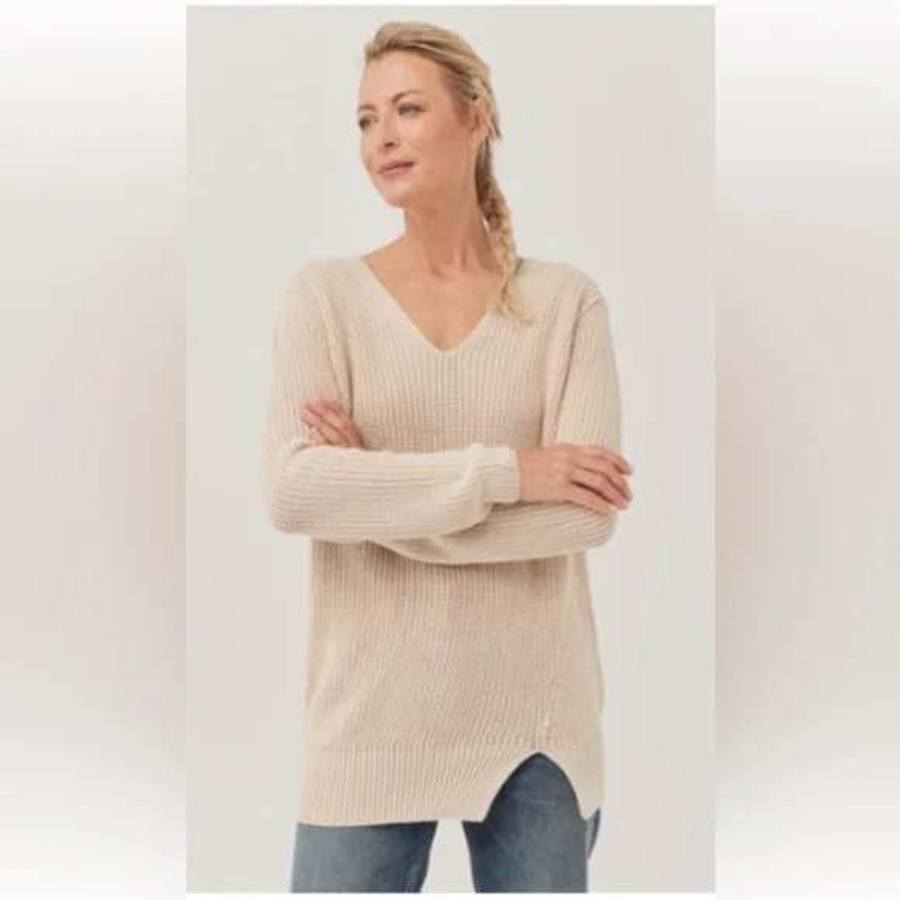 Pact Double V Neck Tunic Sweater Size XL Sandshell‎ Beige 100% Organic Cotton
